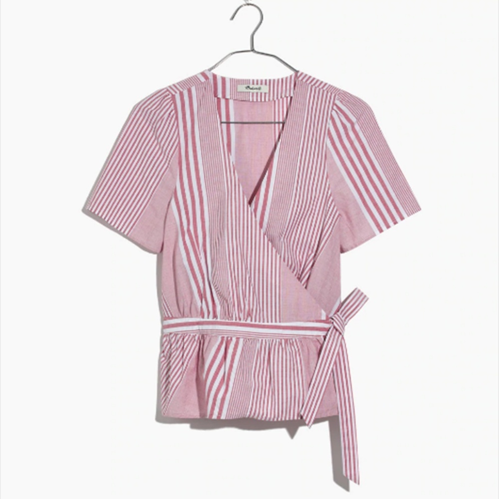 Madewell Pink Ruffle-hem Wrap In Stripe Mix Blouse